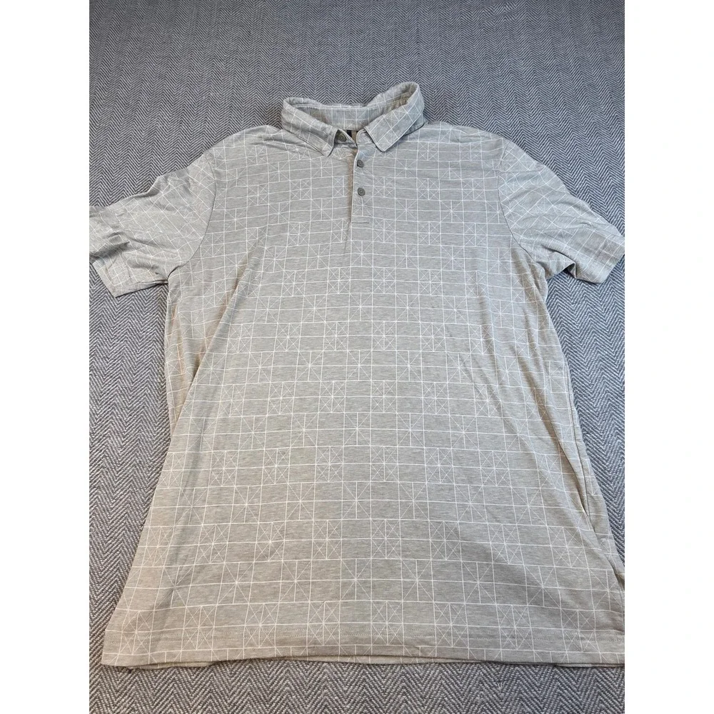 Adidas Mens Large Grey White Geometric Grid Short Sleeve Golf Polo Shirt